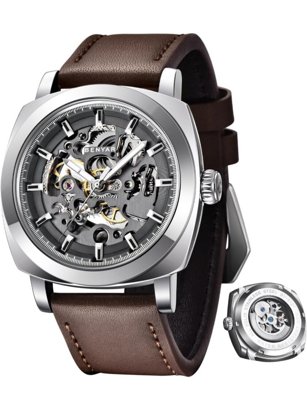 Men's Grey Leather Strap 45mm Skeleton Dial Mechanical Automatic Wrist Watch